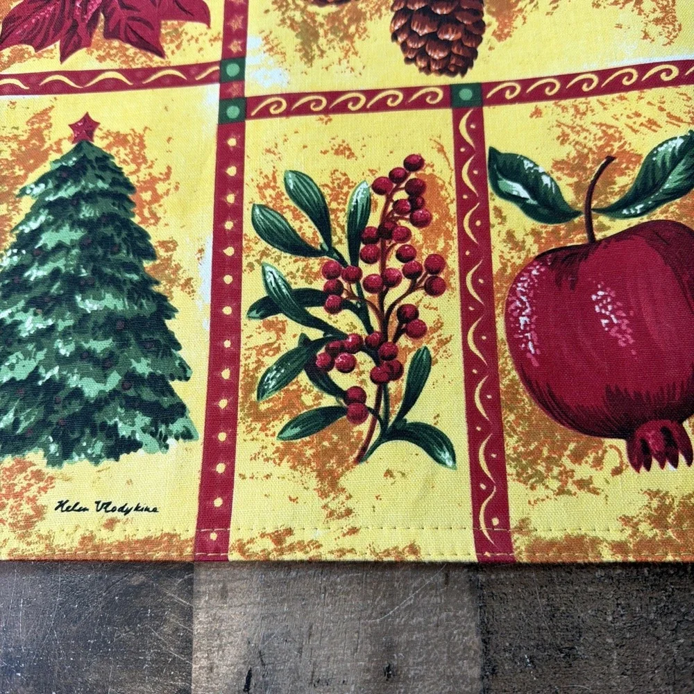 Vintage Helen Vladykina Christmas Linen Placemats Set of 4 Festive Botanical Art